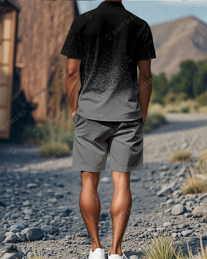 Men's Gradient Colorblock Summer Polo Short Sleeve Shorts Suit 01