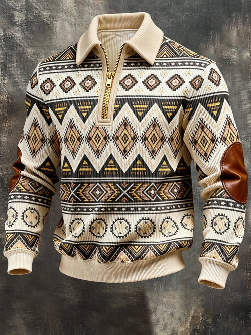 Men's Vintage Color-Block Printed Zip-Up Hoodie