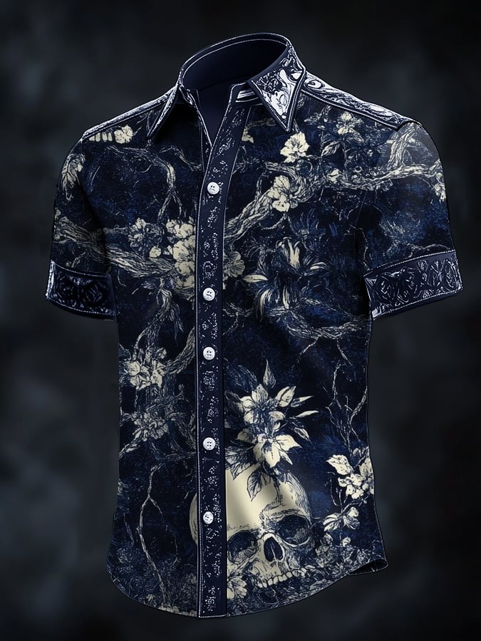Men's Casual Fashion Dark Pattern Cross Crow Contrast Satin Shirt