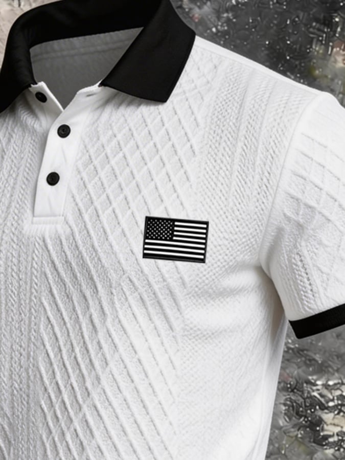 Men's Retro Textured Color-Blocked Polo Collar Short Sleeves