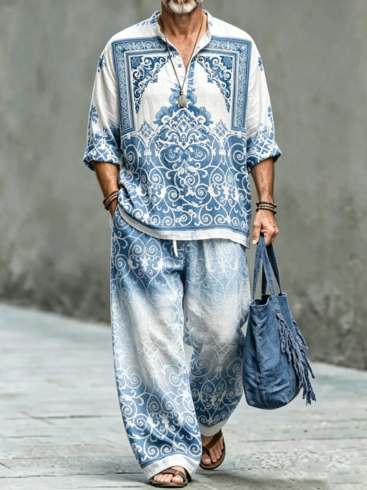 Men's Vintage Abstract Art Printed Cotton Shirt Set (Top & Pants)