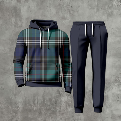 Men's Casual Color Matching Checked Printed Long-Sleeve Hoodies Sweatshirt & Trousers Navy Blue Two-Piece Set
