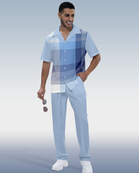Rianmond Men's Check Print Short Sleeve Shirt Walking Set 351