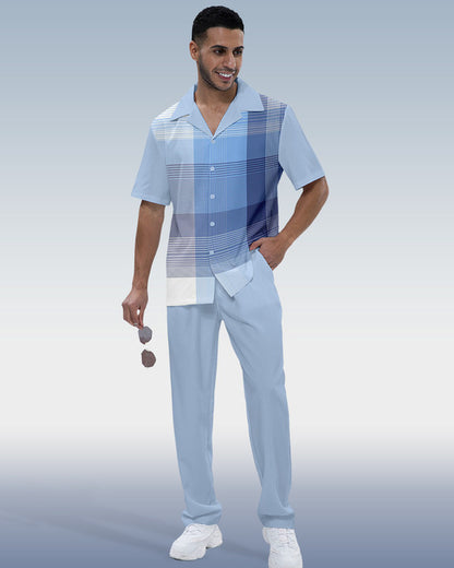 Rianmond Men's Check Print Short Sleeve Shirt Walking Set 351