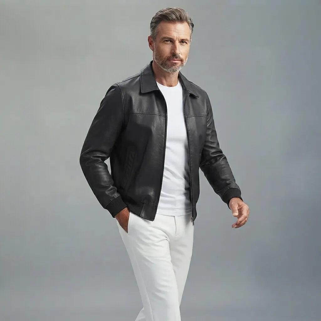 Men's Plain PU Leather Turndown Collar Slant Pockets Slim Zip-Up Bomber Jacket