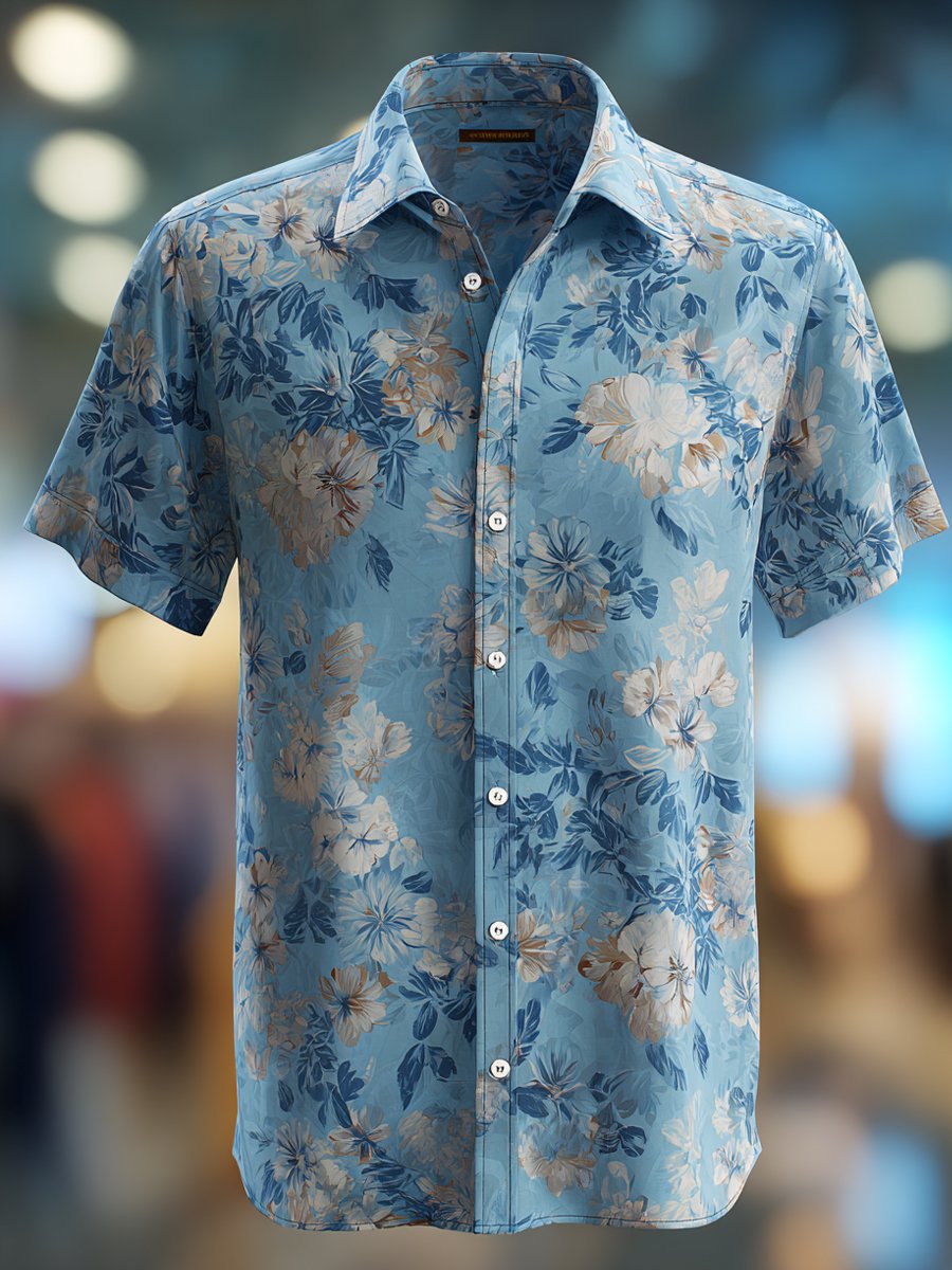 Men's Business Casual Floral Print Lapel Short Sleeve Shirt