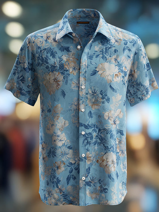 Men's Business Casual Floral Print Lapel Short Sleeve Shirt
