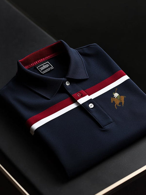 Men's Classic Business Check Logo Button Short Sleeve Polo Shirt