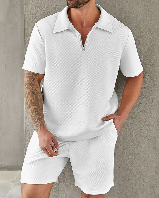Suitmens Classic Elegant Simple Plain Texture Zipper Polo Set