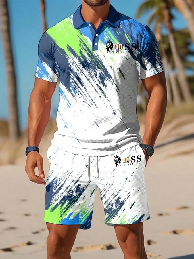 Men's Retro Letter Design Casual Business Short Sleeve Polo Shirt Suit