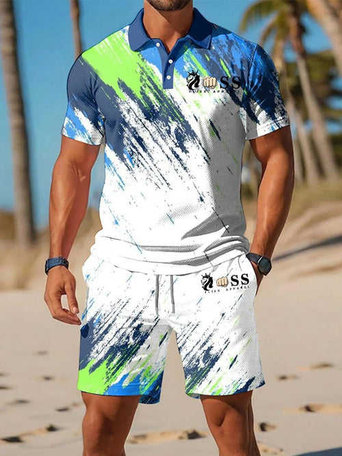 Men's Retro Letter Design Casual Business Short Sleeve Polo Shirt Suit