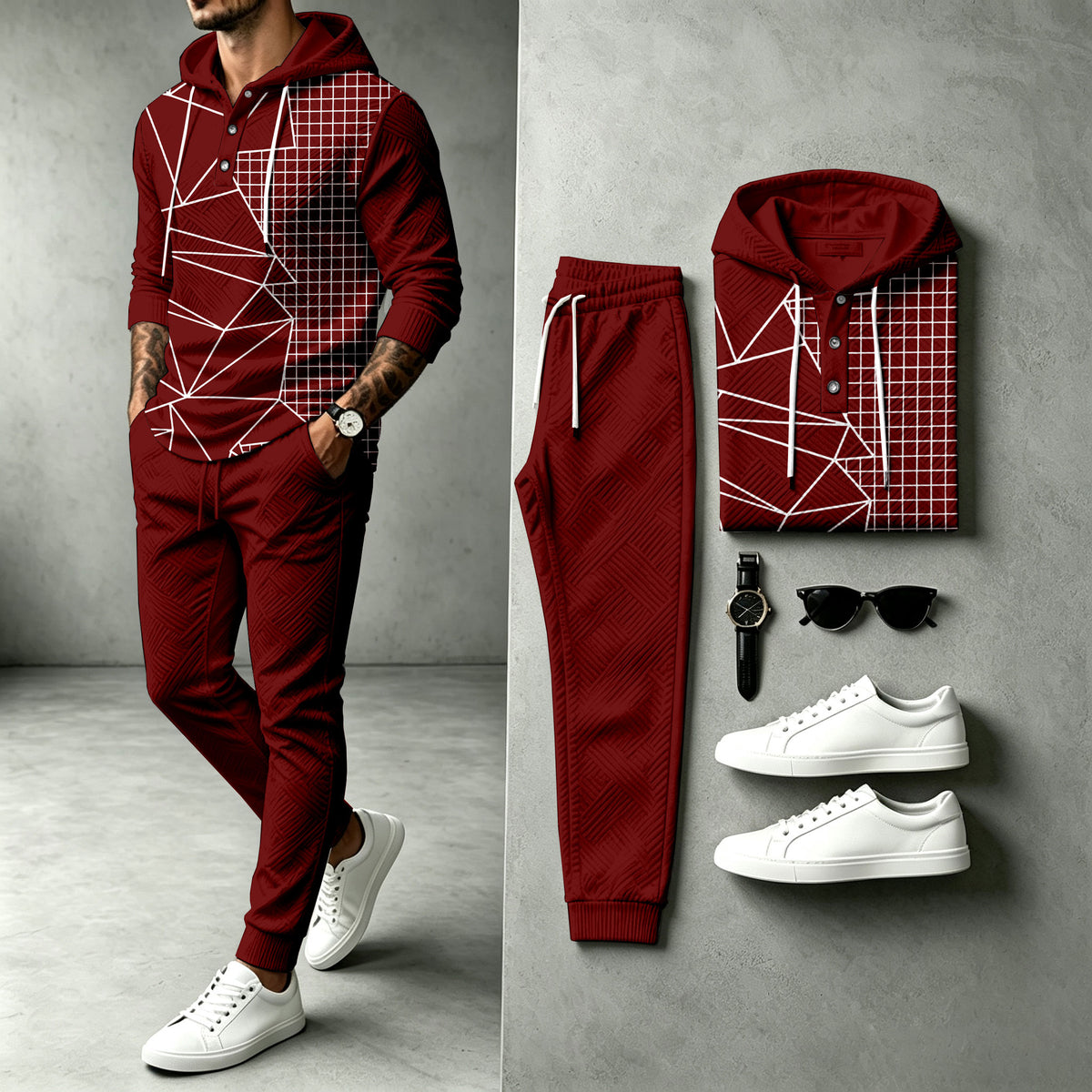 Men's Red Hooded Sweatshirt and Pants Set