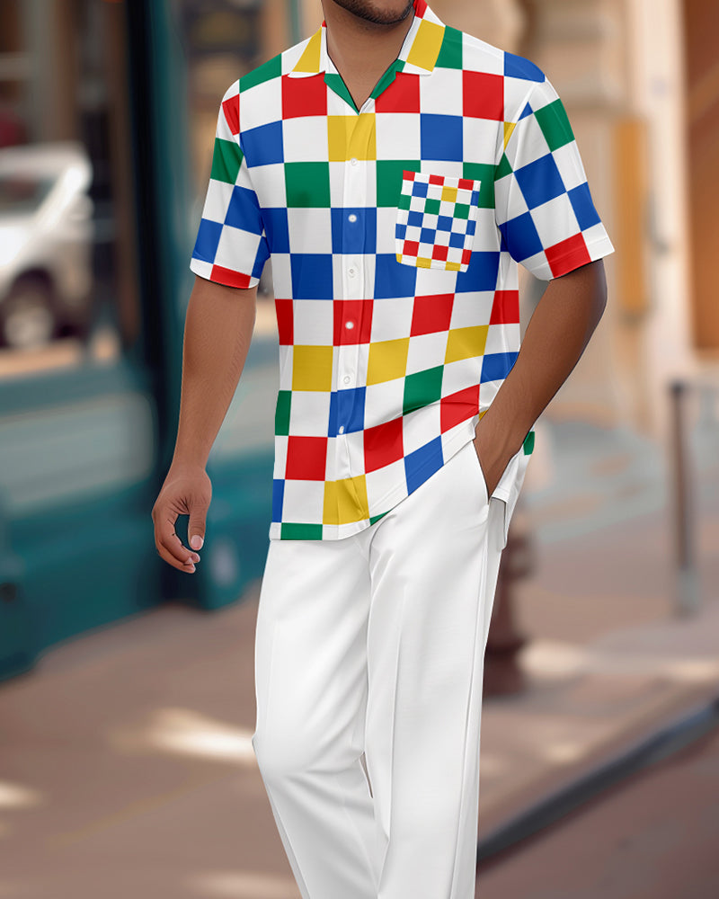 Men's Retro Colorblock Short Sleeve Shirt Walking Suit 1153
