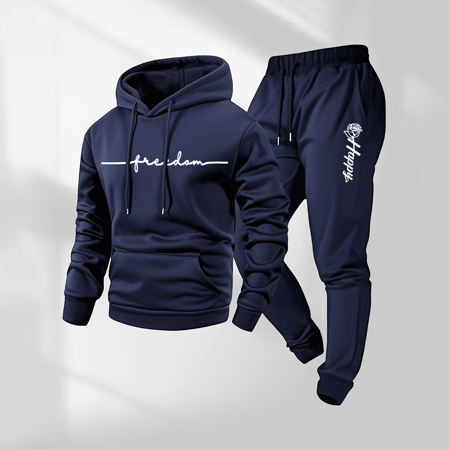 Men's Rose Pattern Print Hoodie and Drawstring Sweatpants Set, Menswear, Casual Athletic Long Sleeve Hooded Jacket & Trousers for Fall & Winter, Men's Clothing for Daily Wear, Sportswear Indoor Outdoor, Tracksuit, Athleisure