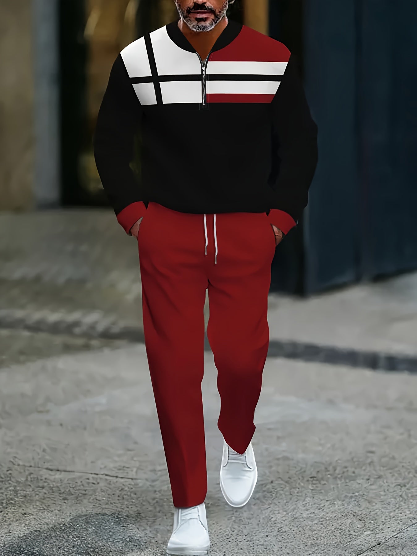 Men's Casual Color Matching Printed Round-Neck Zipper Long Sleeved Trousers Two-Piece Set