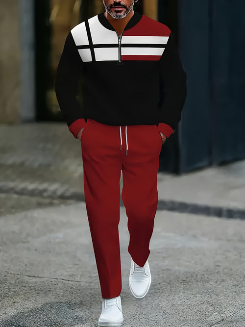 Men's Casual Color Matching Printed Round-Neck Zipper Long Sleeved Trousers Two-Piece Set