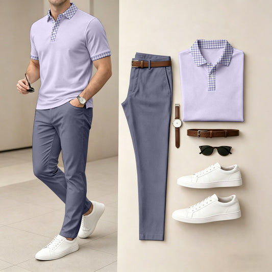 Men's Purple Short-Sleeve Polo Shirt and Long Pants Two-Piece Set