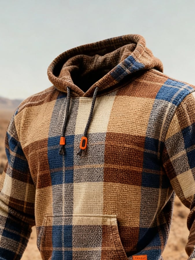 Men's Retro Plaid Contrast Color Hooded Sweatshirt