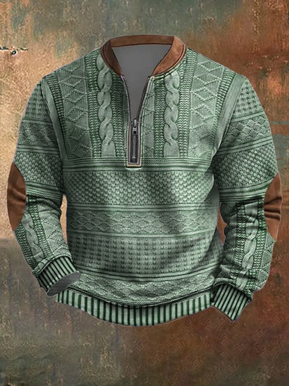 Men's Vintage Knit Print Zip-Up Sweatshirt
