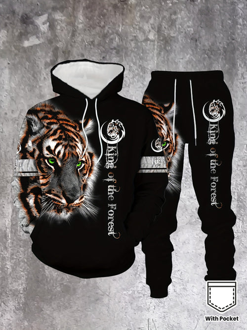 Men's Casual Color "King Of The Forest" Tiger Printed Hoodies Long Sleeved Sweatshirts & Sweatpants Two-Piece Set