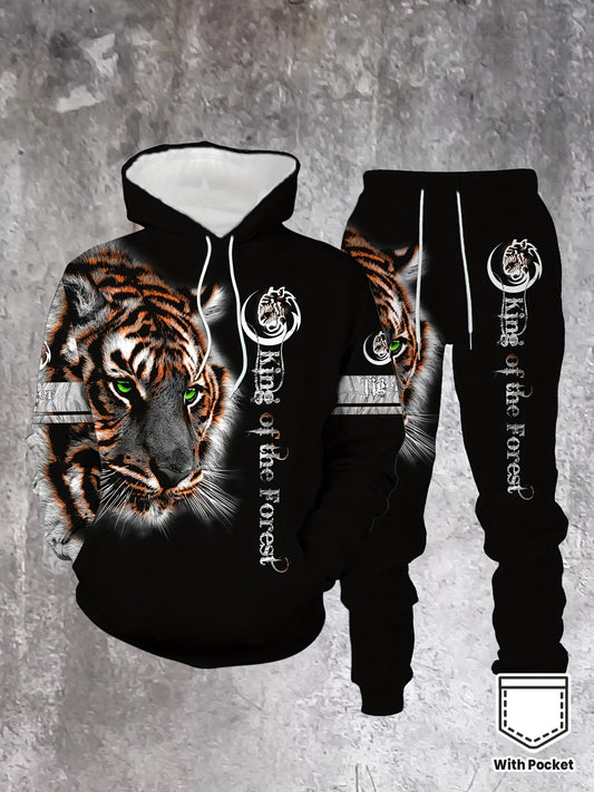 Men's Casual Color "King Of The Forest" Tiger Printed Hoodies Long Sleeved Sweatshirts & Sweatpants Two-Piece Set