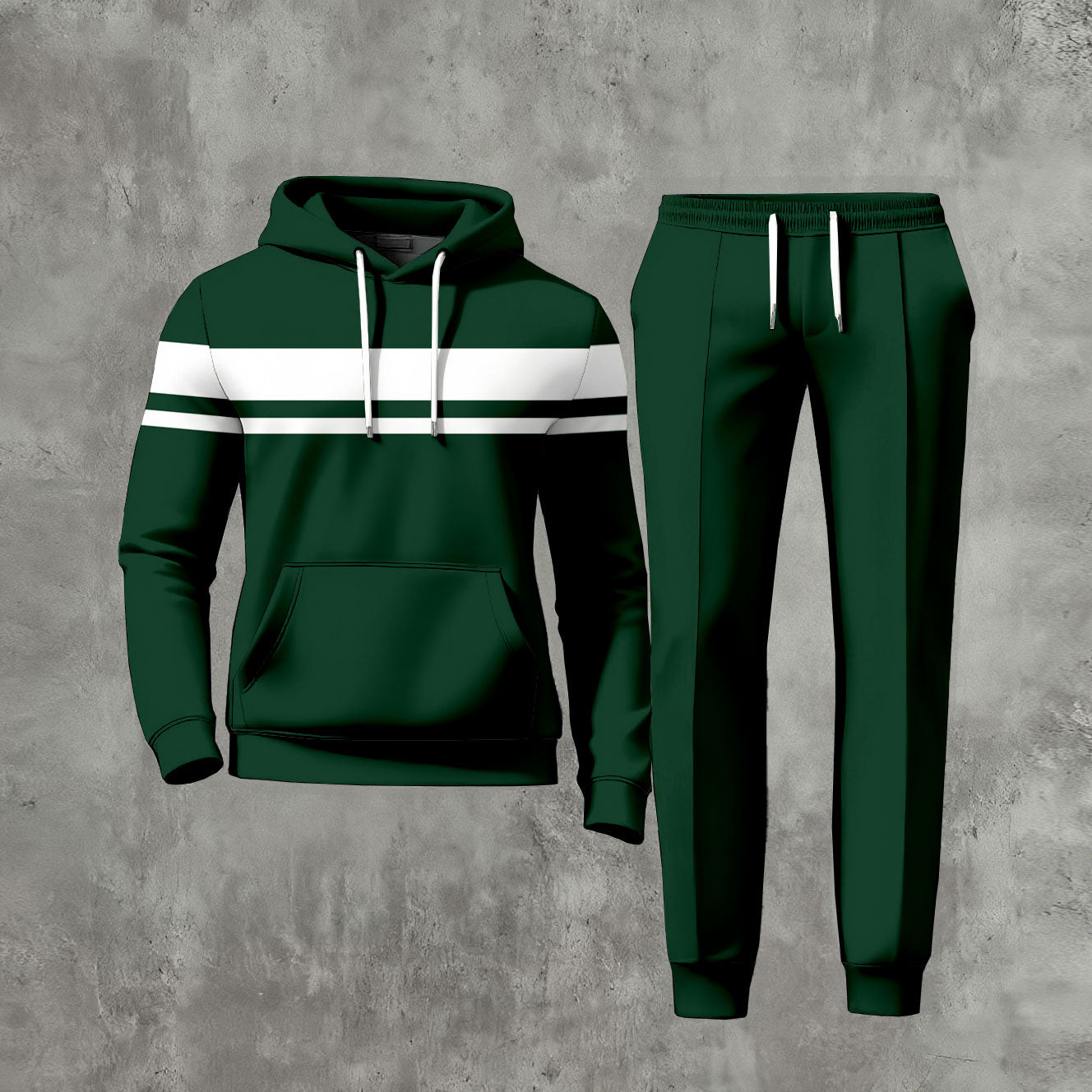 Men's Casual Dark Green White Color Matching Printed Long-Sleeve Hoodies Sweatshirt & Trousers Two-Piece Set