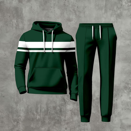 Men's Casual Dark Green White Color Matching Printed Long-Sleeve Hoodies Sweatshirt & Trousers Two-Piece Set
