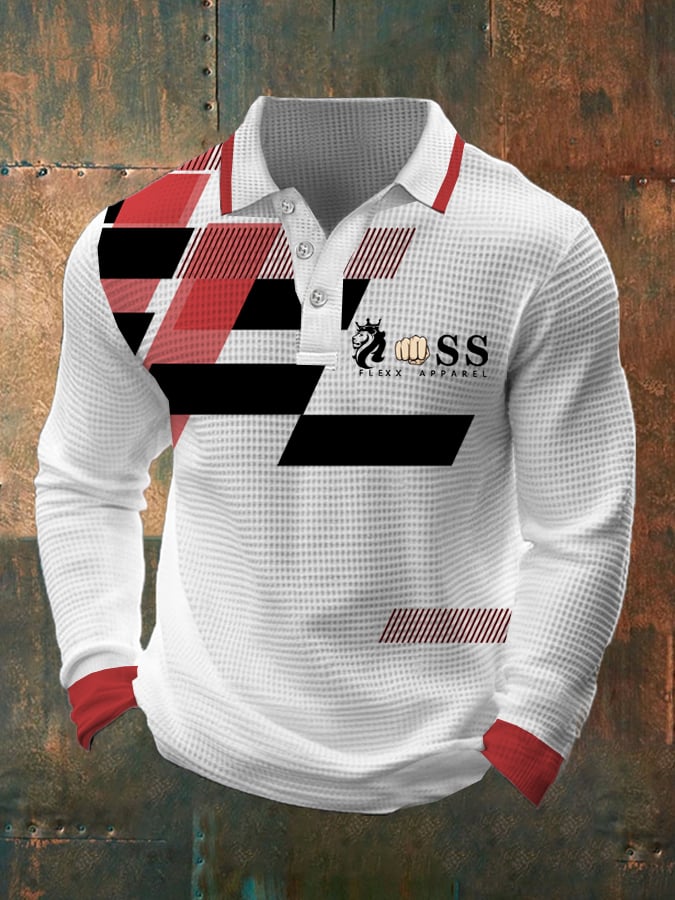 Men's Retro Letter Design Waffle Fabric Long Sleeve Polo Shirt