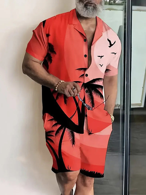 Men's Hawaii Vacation Printed Lapel Collar Short-Sleeved Two-Piece Set
