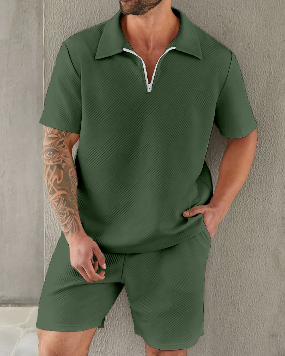 Suitmens Classic Elegant Simple Plain Texture Zipper Polo Set
