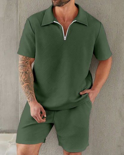 Suitmens Classic Elegant Simple Plain Texture Zipper Polo Set