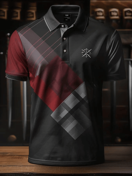 Men's Business Stripe Lettering Button-Down Polo Shirt