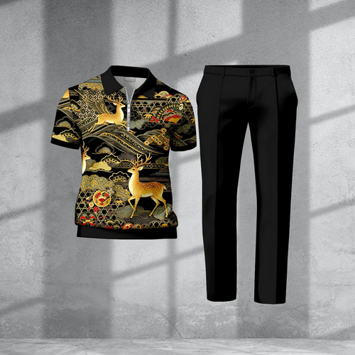 Men's Casual Black Deer Two-Piece Set: Striped Short-Sleeve Top And Zip-Detail Trousers