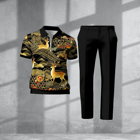 Men's Casual Black Deer Two-Piece Set: Striped Short-Sleeve Top And Zip-Detail Trousers