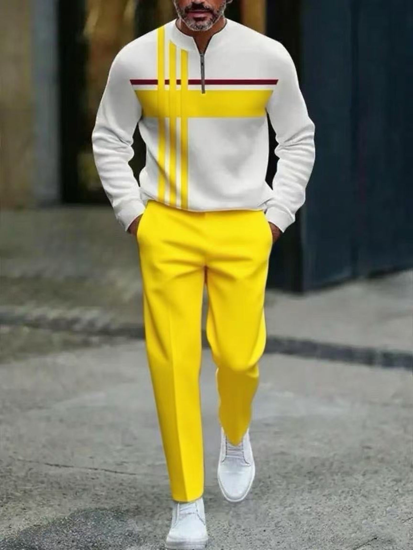 Men's Casual Color Matching Printed Round-Neck Zipper Long Sleeved Trousers Two-Piece Set