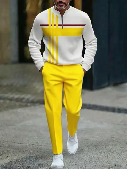 Men's Casual Color Matching Printed Round-Neck Zipper Long Sleeved Trousers Two-Piece Set