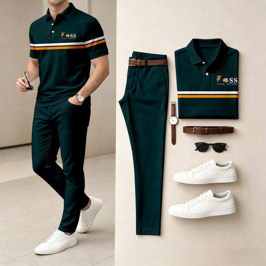 Men's Dark Green Short-Sleeve Polo Shirt and Pants Two-Piece Set