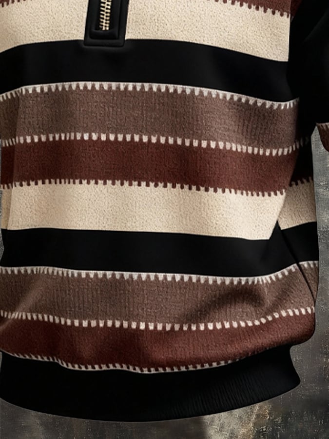 Men's Retro Color Block Print Zipper Sweatshirt