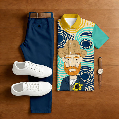 Men's Casual Contrasting Colors Printed Polo Shirt And Trousers Two-Piece Set