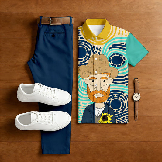 Men's Casual Contrasting Colors Printed Polo Shirt And Trousers Two-Piece Set