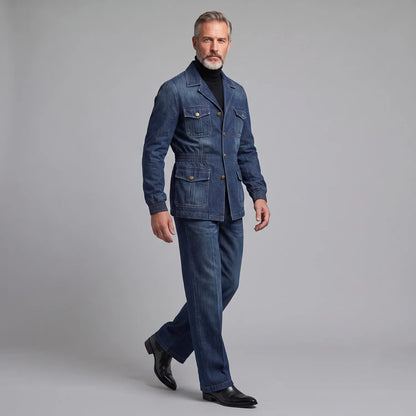 Men's Retro Navy Blue Multi-Pocket Elastic Waist Wash Denim Safari Jacket
