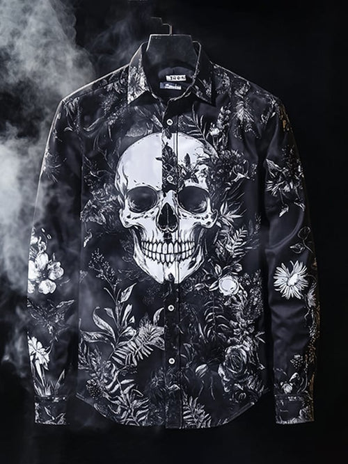 Men's Outdoor Vintage Skull and Floral Long Sleeve Shirt