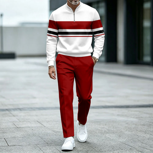 Men's Two-Tone Round-Neck Zipper Long-Sleeve Shirt and Pants Set
