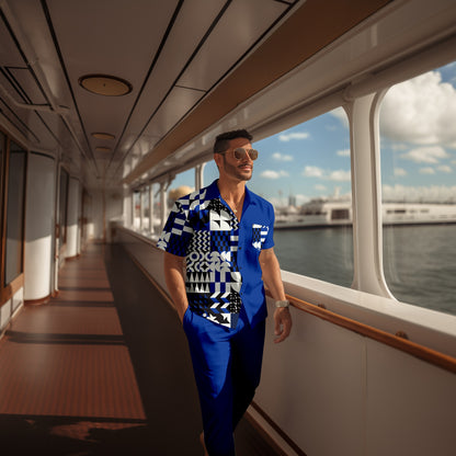Men's retro colorblock short-sleeved shirt walking Suit 1675