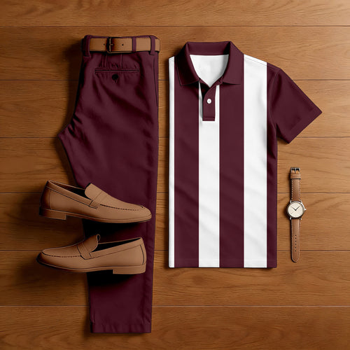 Men's Casual Burgundy & White Stripes Printed Polo Shirt And Pants Two-Piece Set