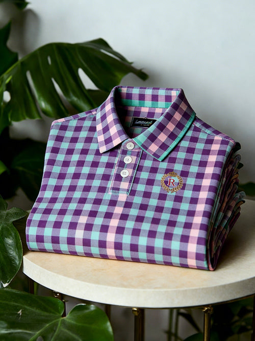 Men's Business Casual Button Short Sleeve Plaid Polo Shirt
