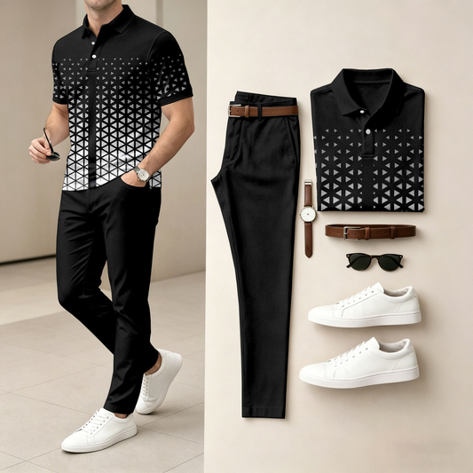 Men's Casual Black-And-White Gradient Print Short-Sleeve Polo Shirt And Pants Set (Excludes Accessories Such As Watches And Belts)