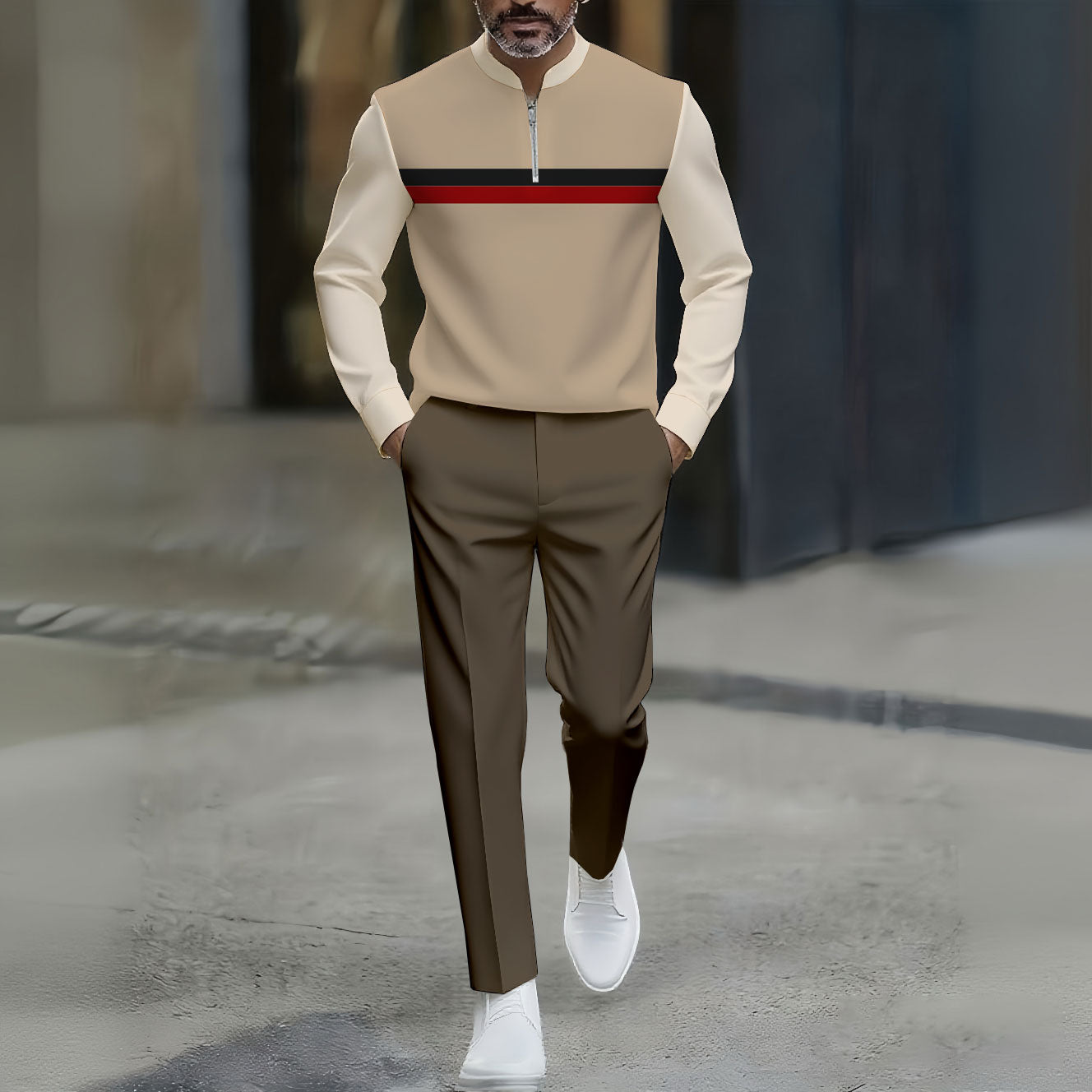 Men's Casual Khaki & Brown Color Matching Printed Round-Neck Zipper Long Sleeved Trousers Two-Piece Set