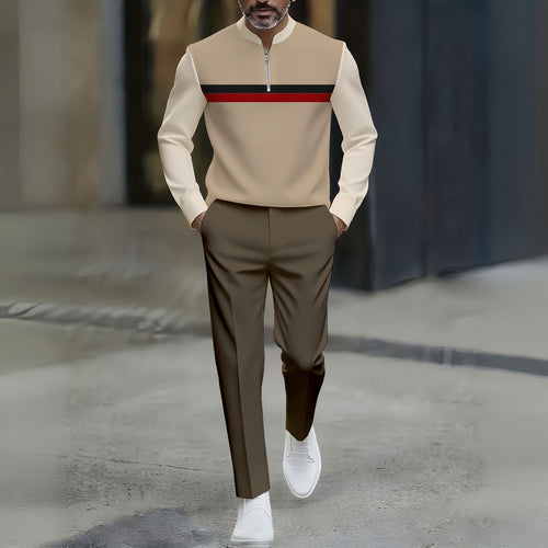 Men's Casual Khaki & Brown Color Matching Printed Round-Neck Zipper Long Sleeved Trousers Two-Piece Set