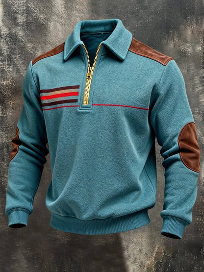 Men's Retro Color Block Print Color-Blocked Zip-Up Sweatshirt